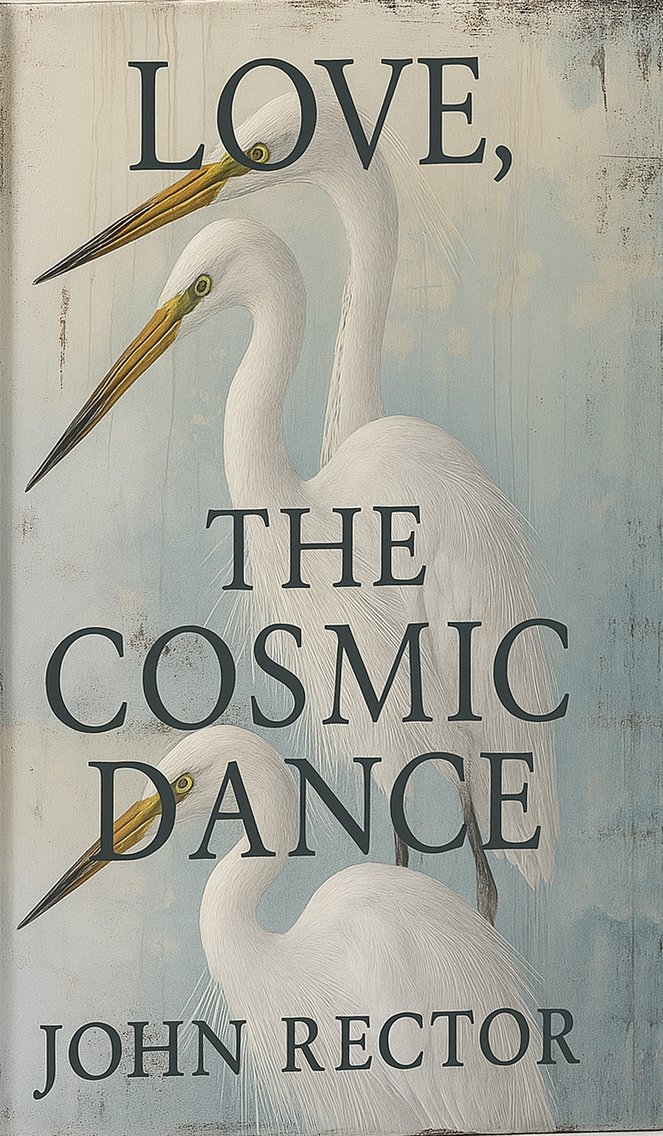The cover of Love, The Cosmic Dance by John Rector: three white egrets against a weathered blue-gray ground.